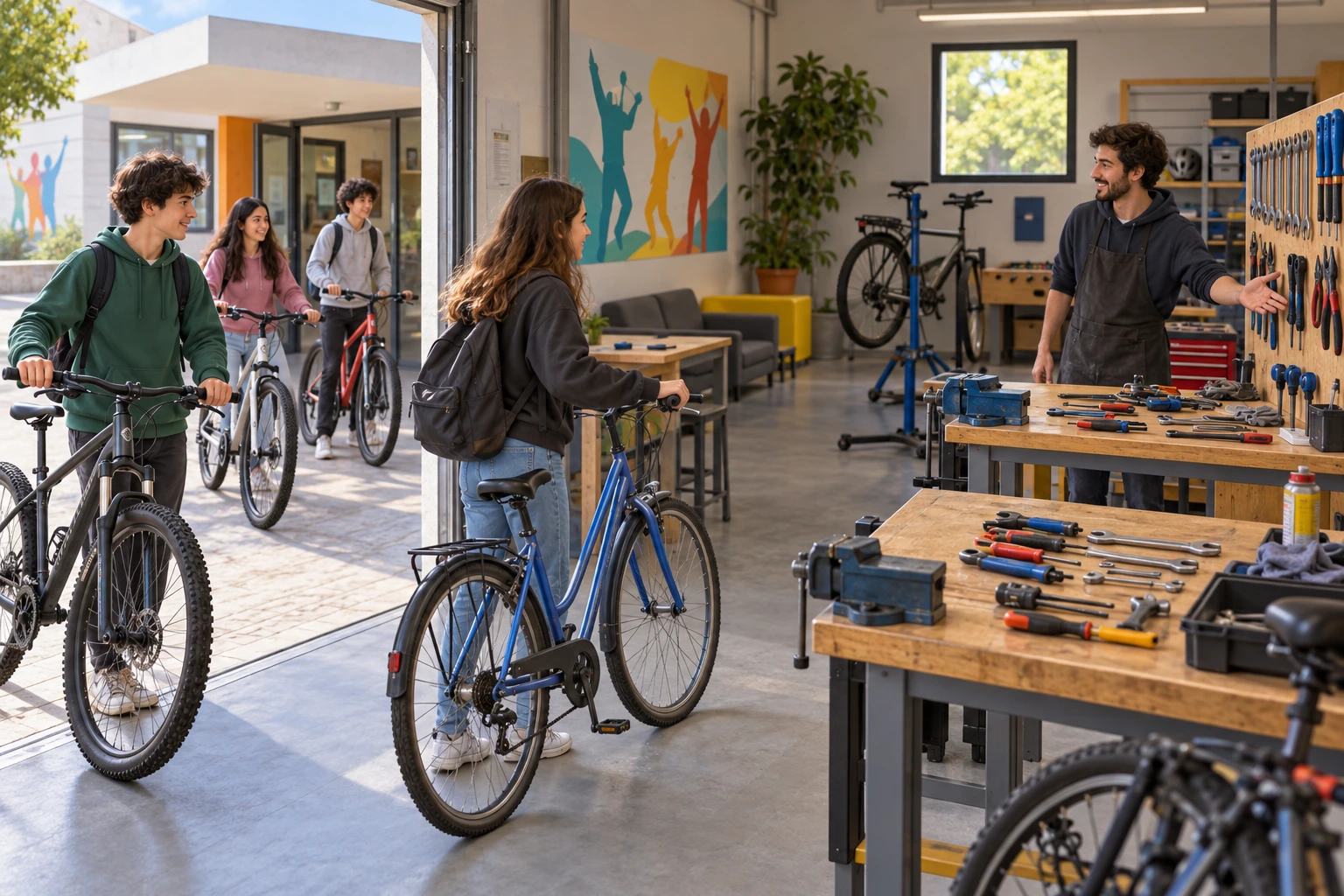 Participantes levam as suas bicicletas a uma oficina onde as ferramentas já estão disponíveis.