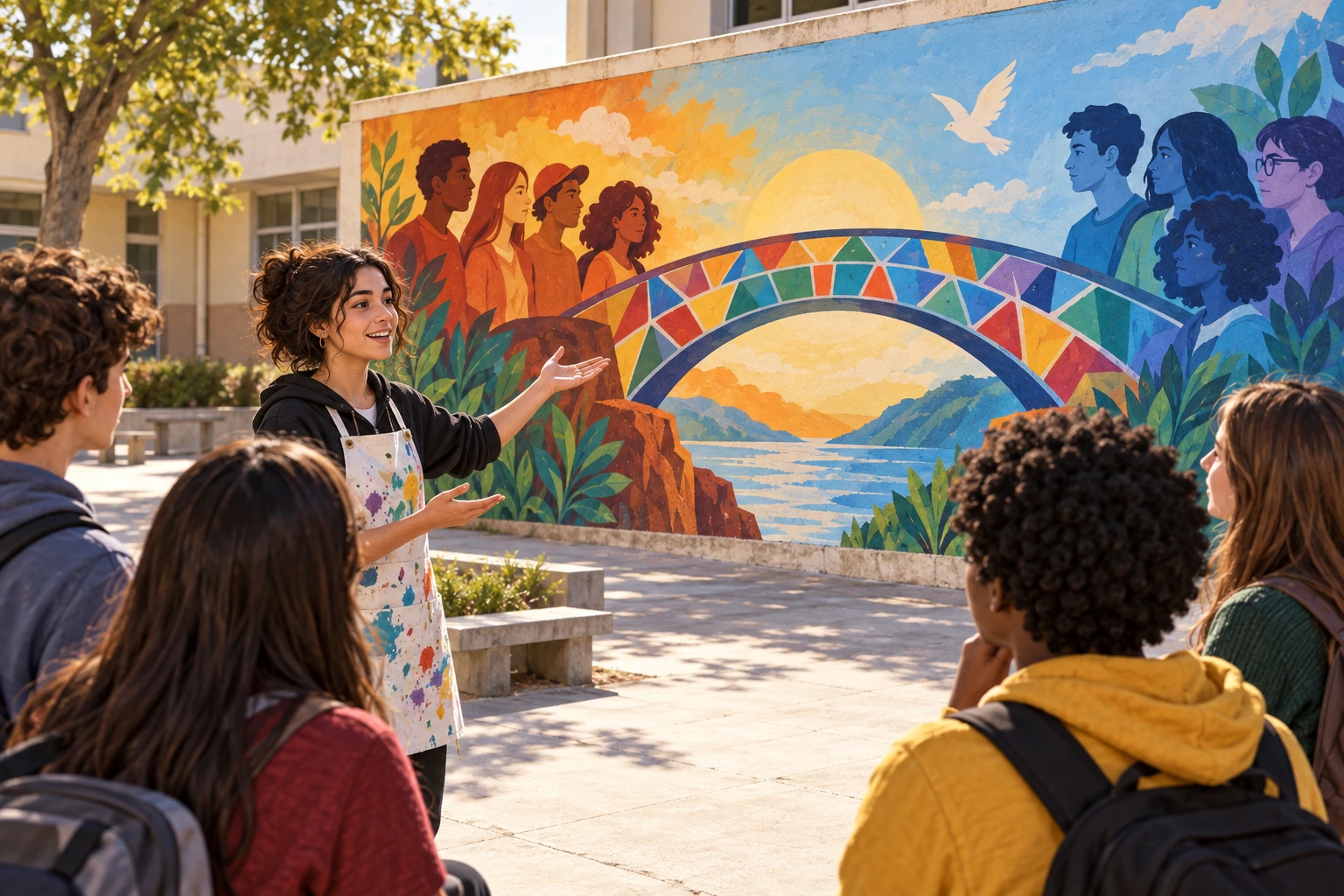 Ponte representada num mural como metáfora em discussão literária.