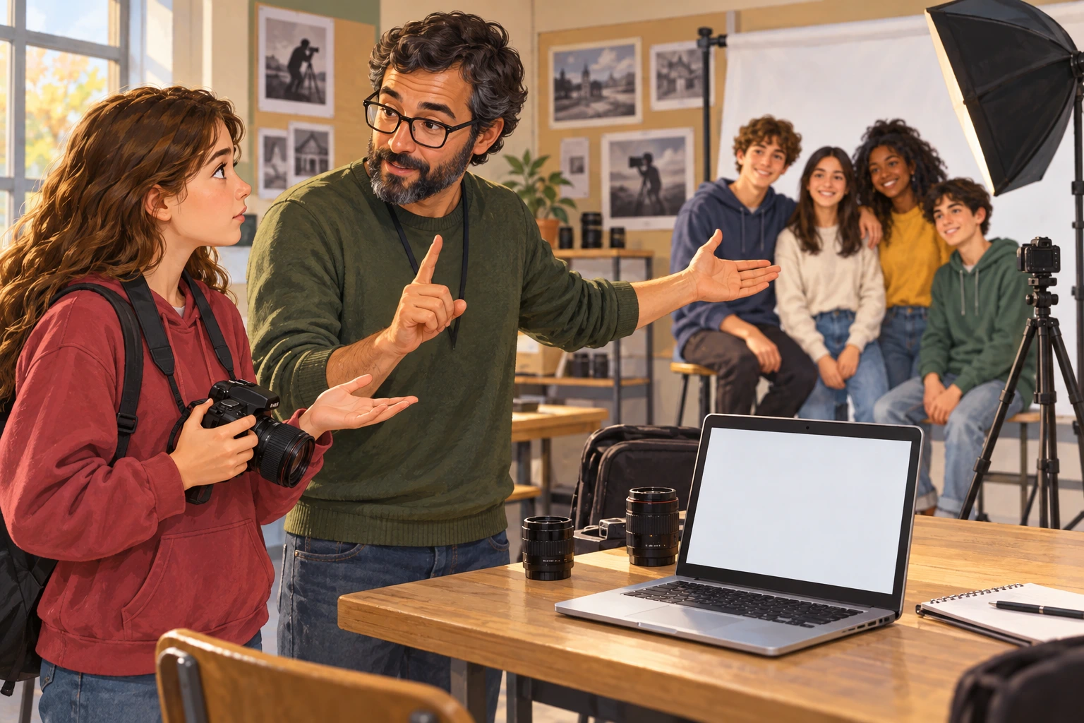 Adulto e estudante discutem consentimento antes de publicar fotografias.