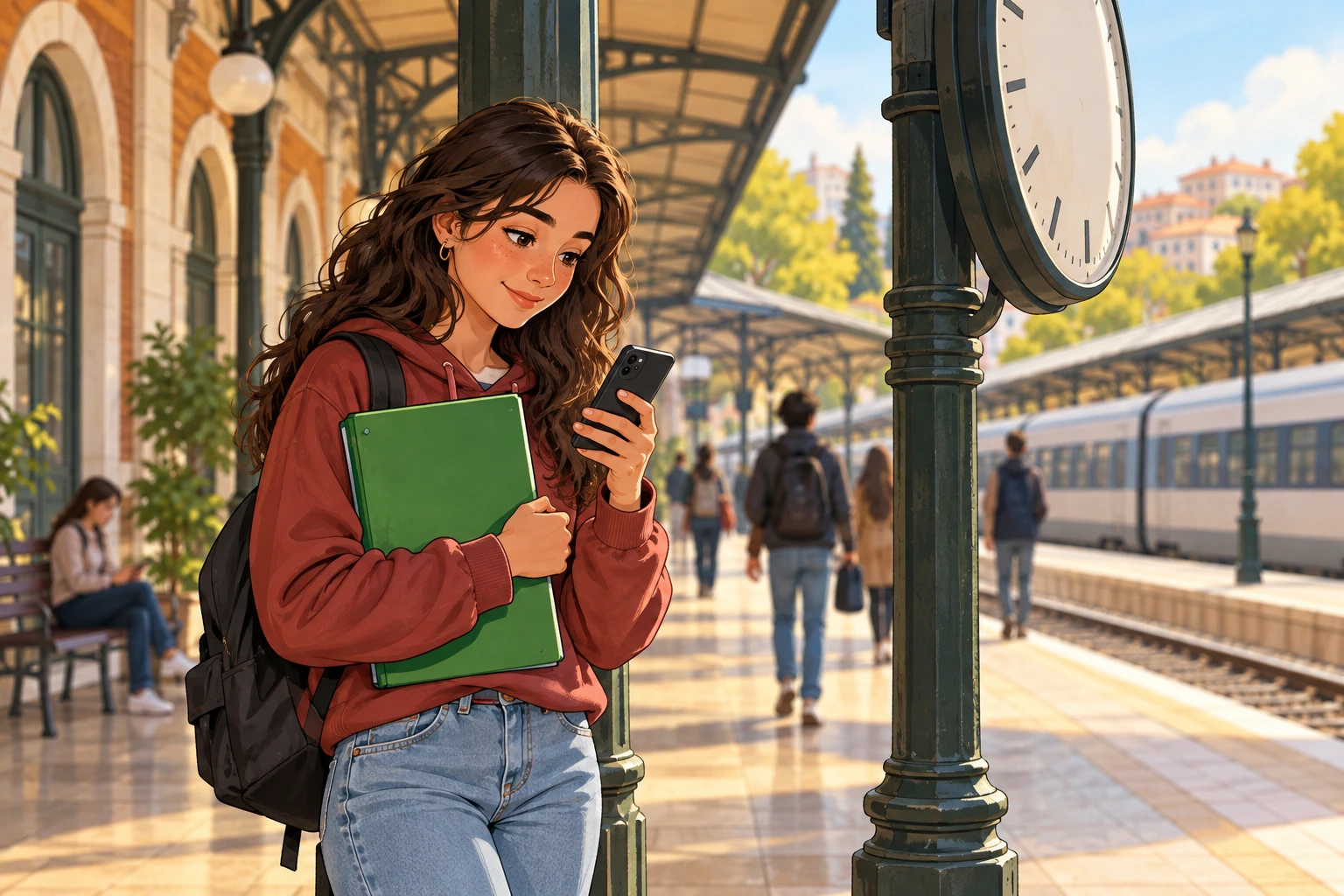 Duas pessoas combinam o ponto de encontro numa estação.