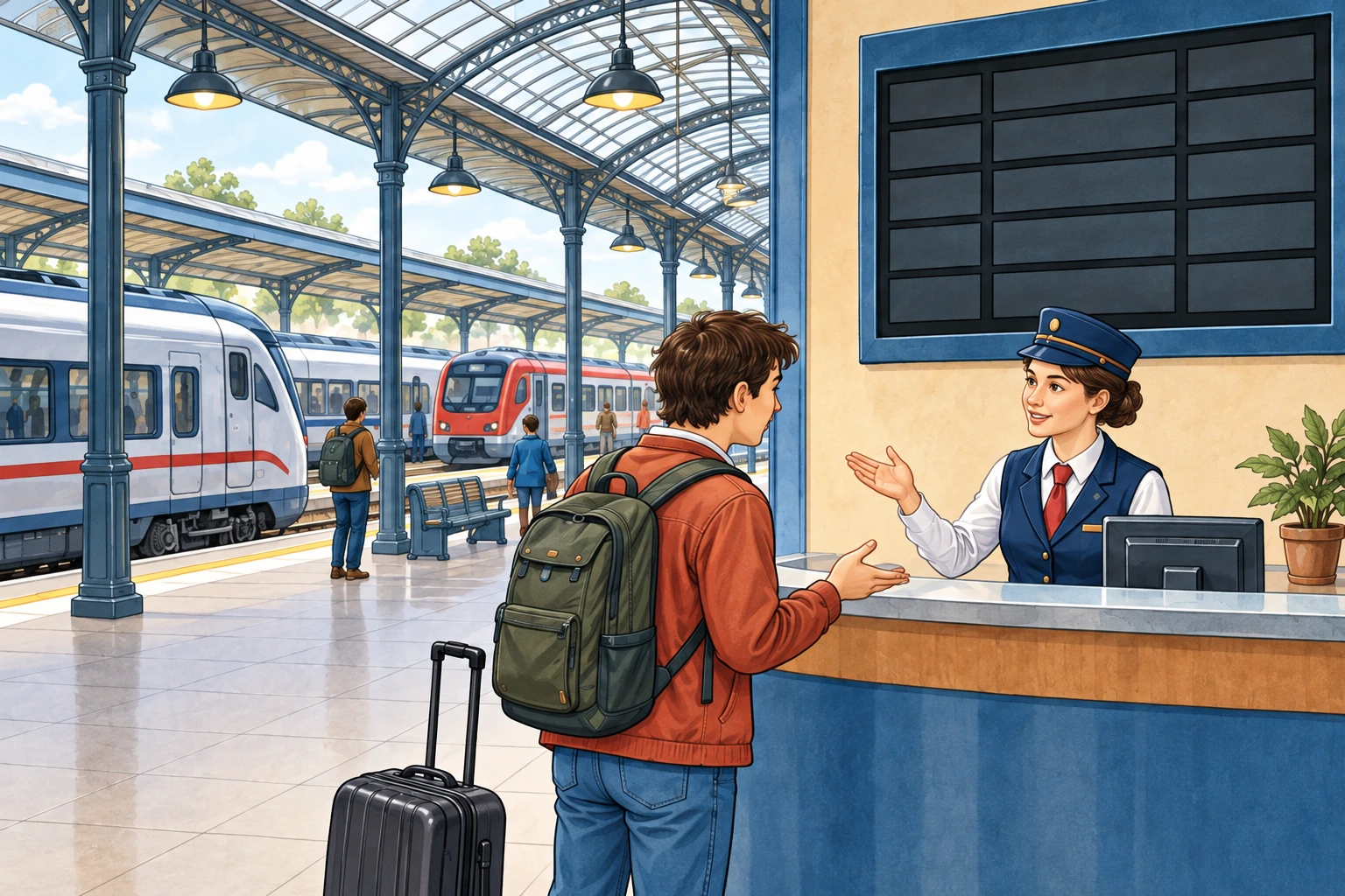 Viajante com mala pede informação a uma funcionária numa estação com vários comboios e um painel de partidas sem texto.