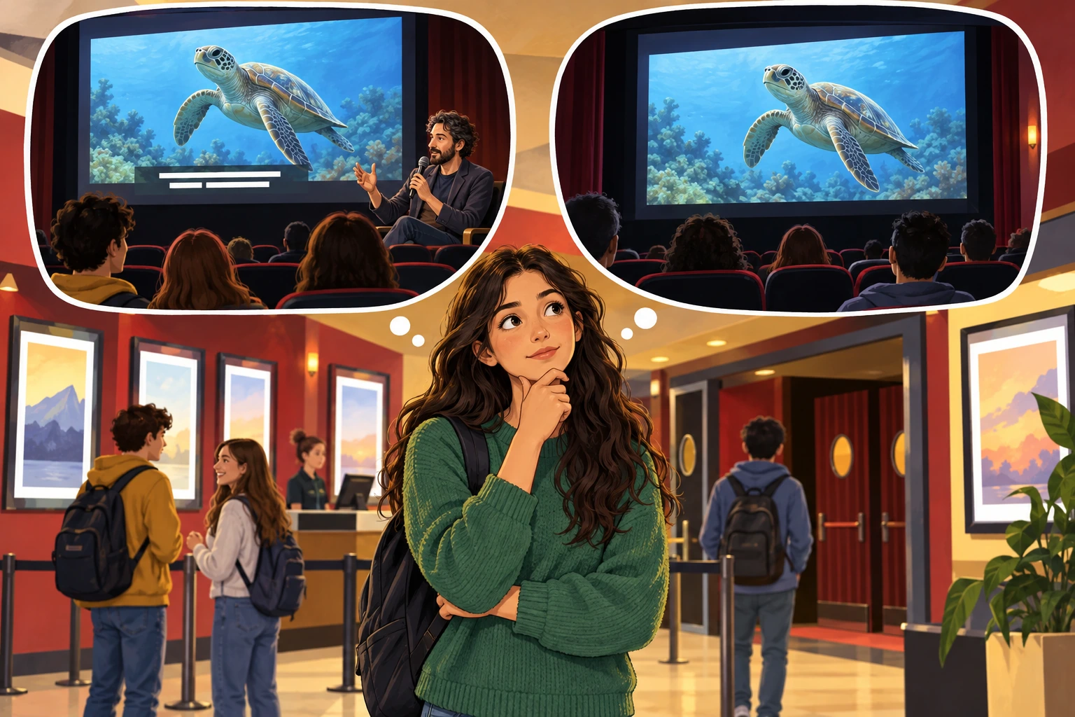 Estudantes comparam sessões de cinema pelas condições anunciadas.