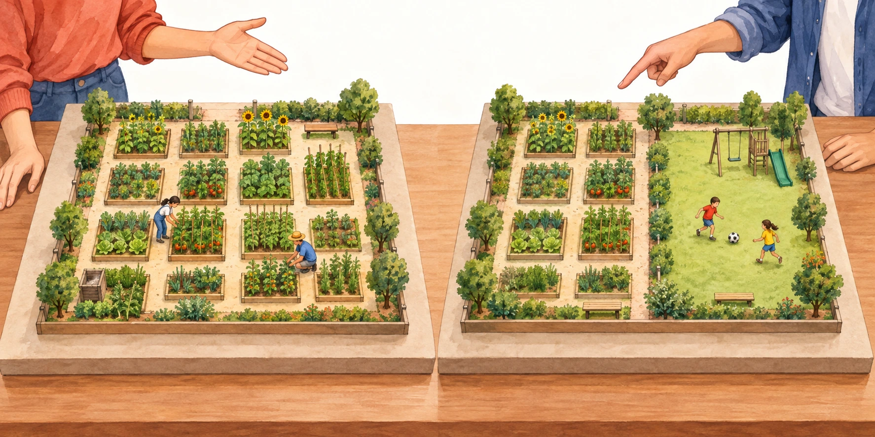 Duas maquetas do mesmo terreno: a primeira apresenta parcelas de horta; a segunda reserva também uma ampla zona de brincadeira, com parcelas numa parte do espaço.