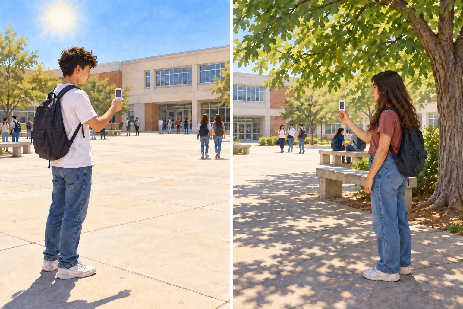 No mesmo pátio escolar, um estudante segura um sensor de temperatura no espaço aberto ao sol e outra estudante usa um sensor semelhante à sombra de uma árvore.