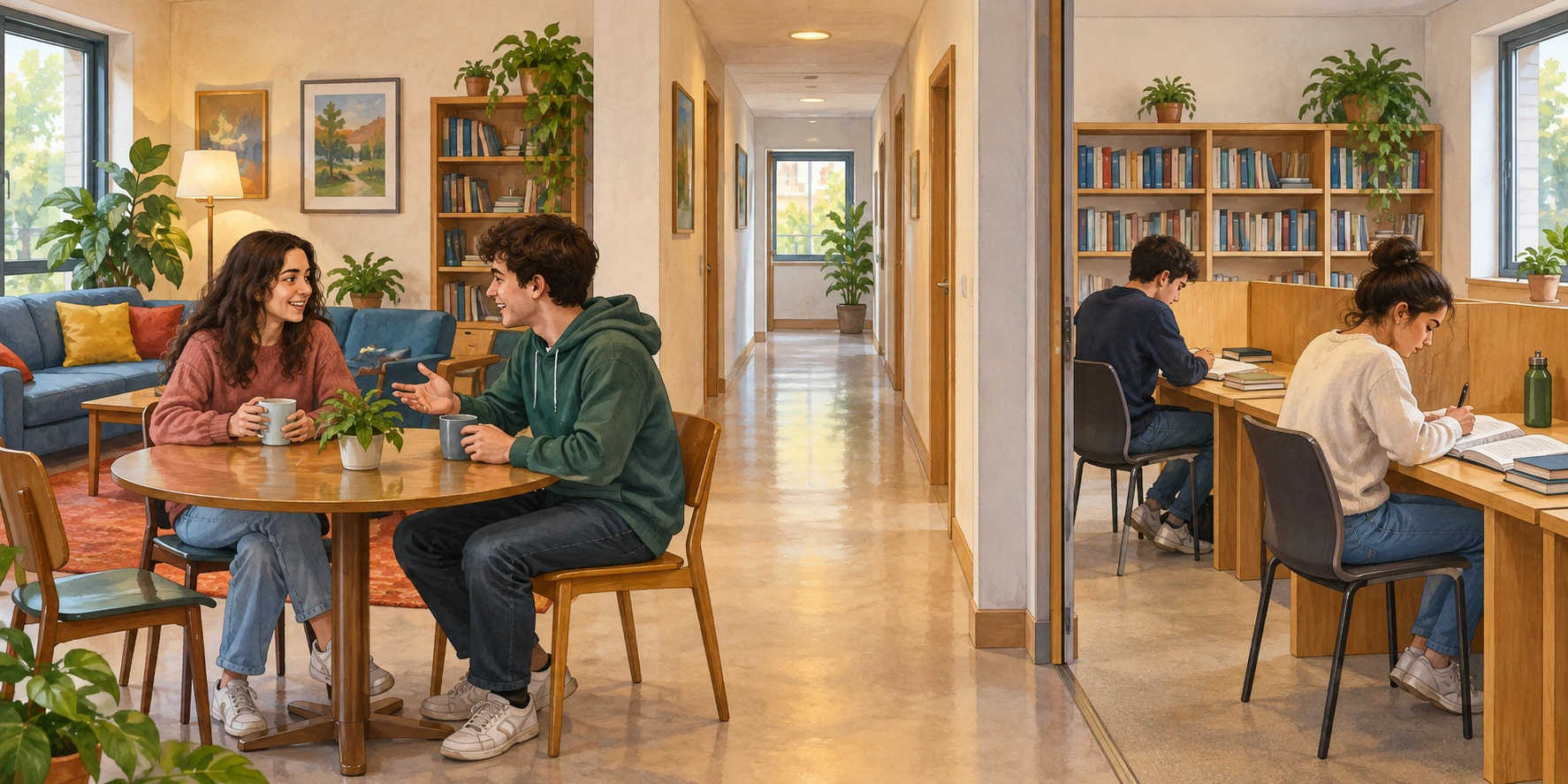 Numa residência de estudantes, uma pessoa recebe uma visita na sala comum enquanto dois residentes estudam sem visitas numa sala de estudo separada.