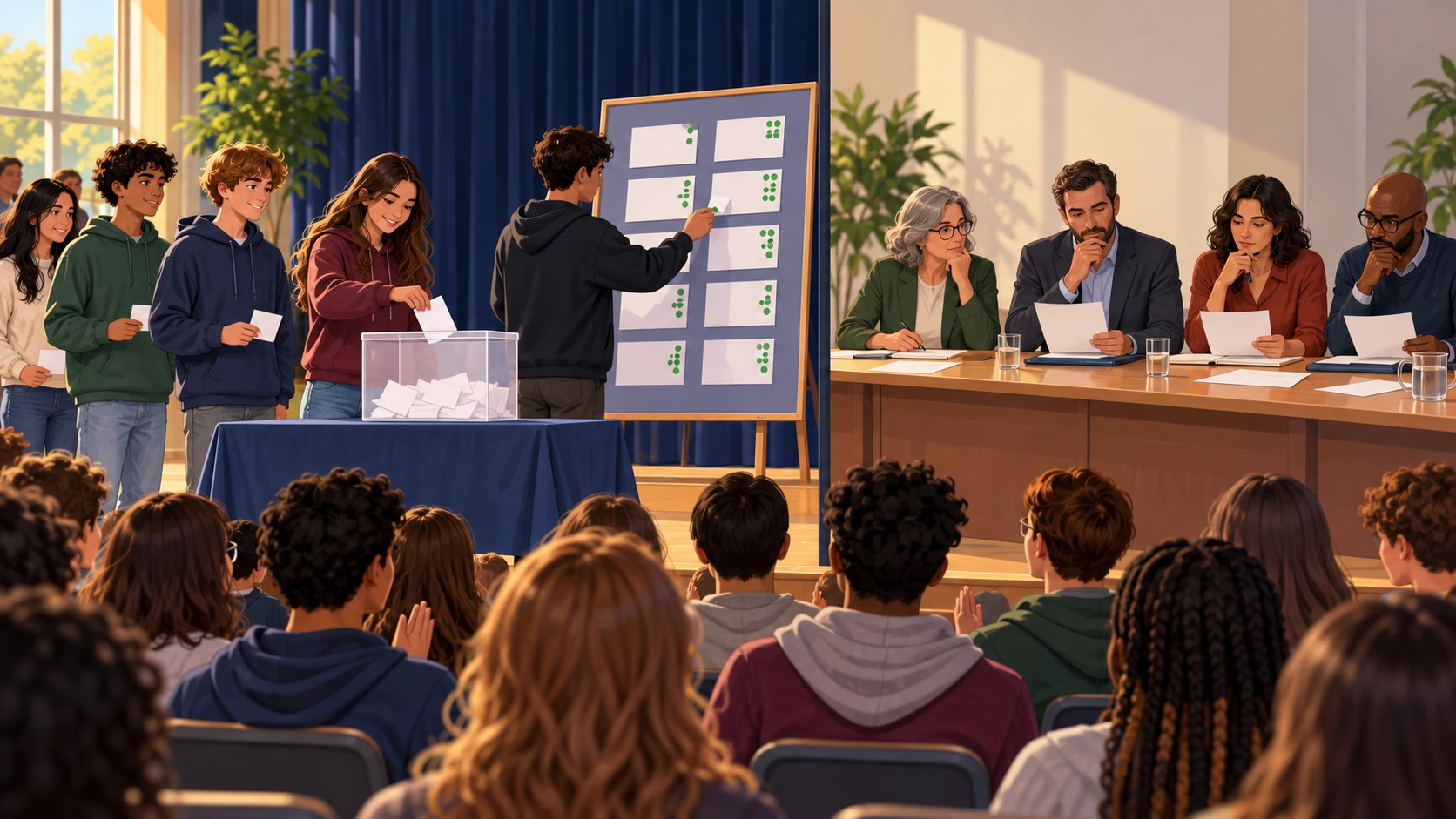 Estudantes apresentam e votam ideias numa assembleia, enquanto um conselho escolar delibera separadamente.