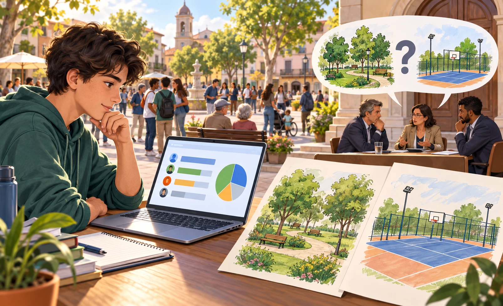 Um estudante examina respostas de uma consulta digital enquanto o conselho pondera duas propostas desenhadas para um parque.