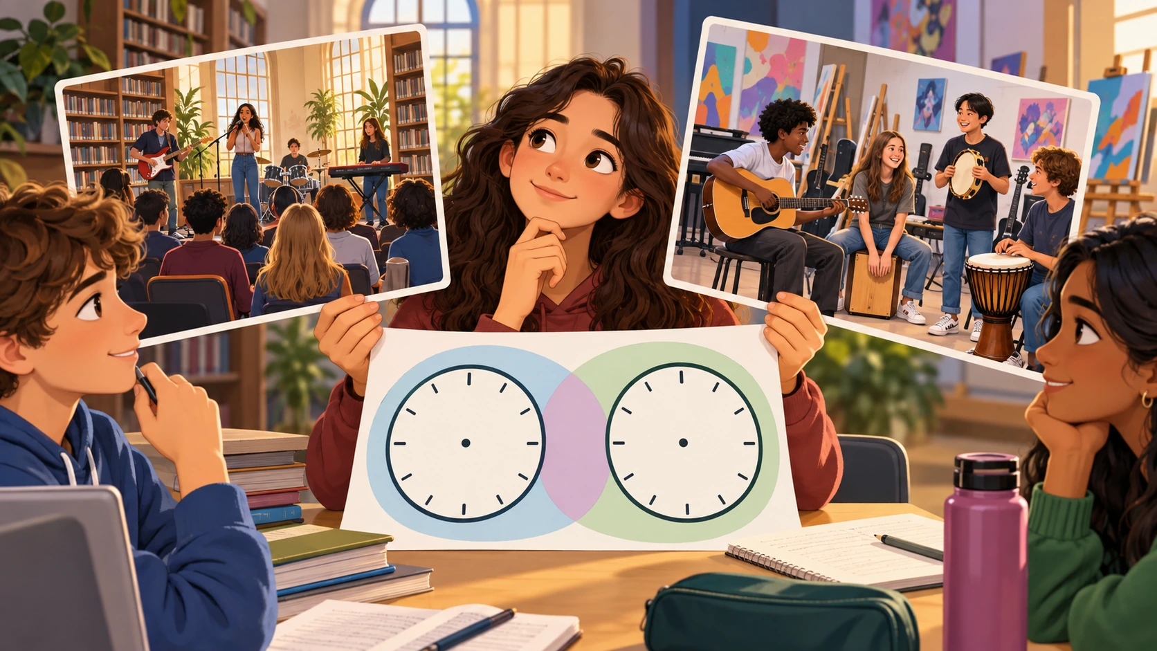 Uma estudante compara a imagem de um concerto escolar na biblioteca com a de uma oficina participativa de música num centro de artes.
