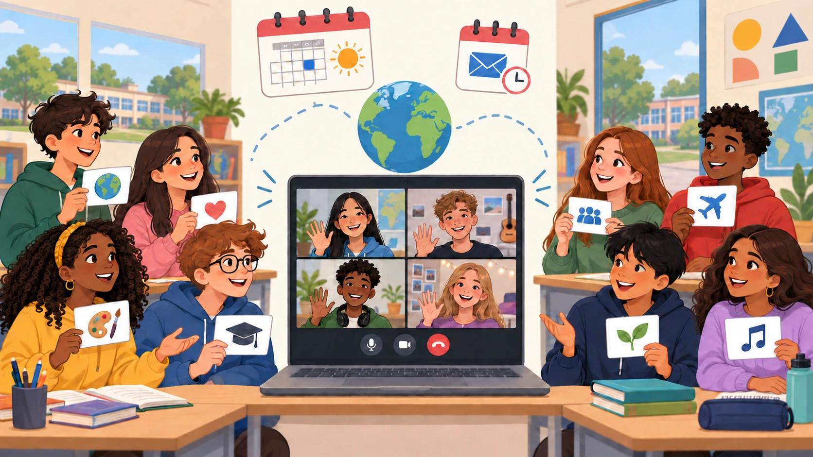 Duas turmas participam numa videochamada de intercâmbio; cartões com temas escolares e símbolos de calendário rodeiam o ecrã.