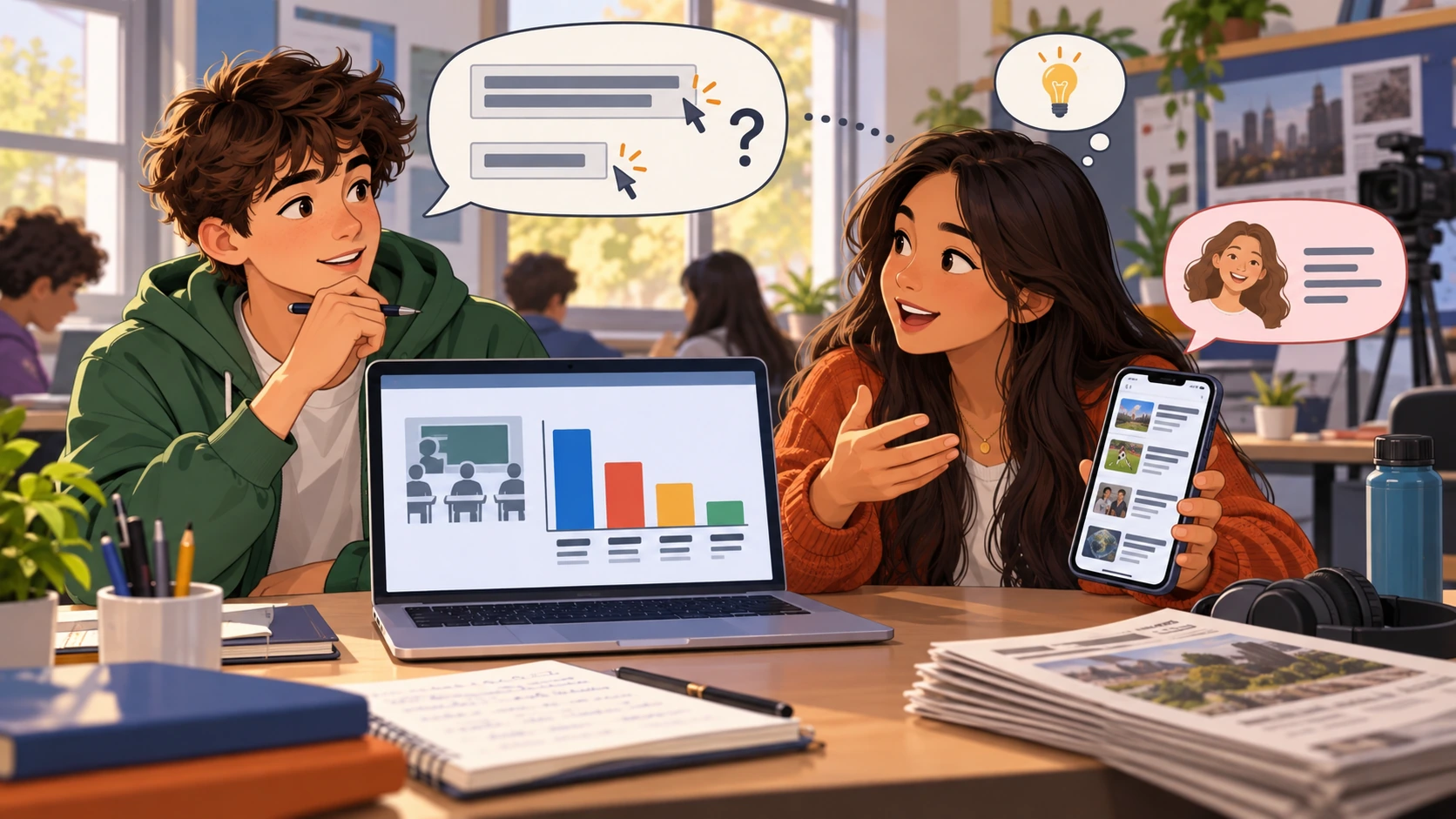 Dois estudantes observam um gráfico de inquérito escolar e notícias num telemóvel, com um balão de pergunta sobre a influência dos títulos.
