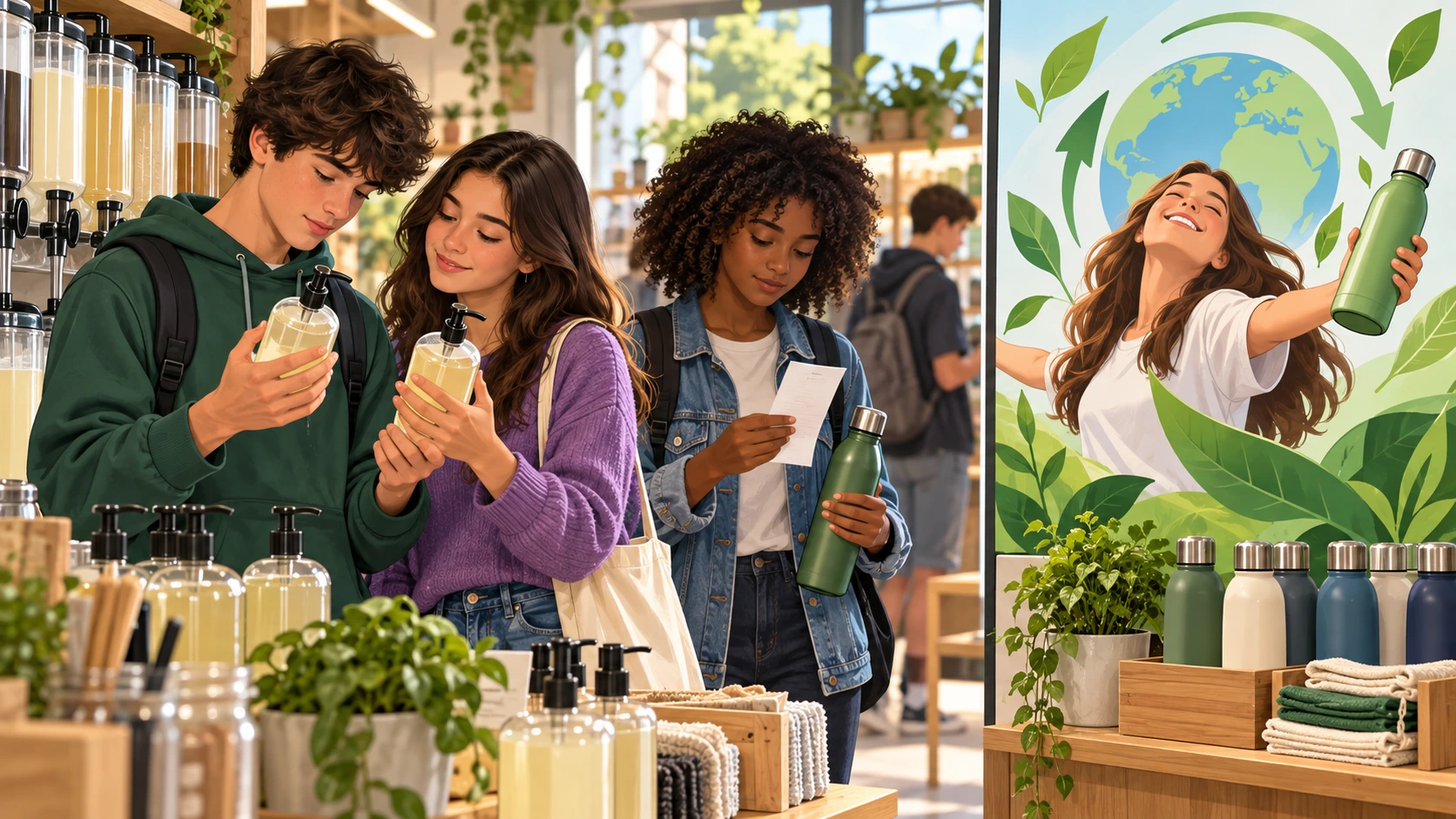 Jovens com recipientes reutilizáveis comparam produtos numa estação de recarga junto de uma imagem promocional.