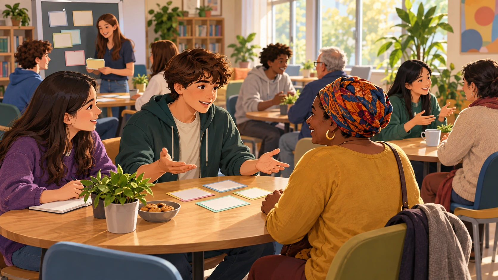 Voluntários jovens conversam com visitantes em mesas de um centro comunitário, com cartões sem rótulos para preparar o encontro.