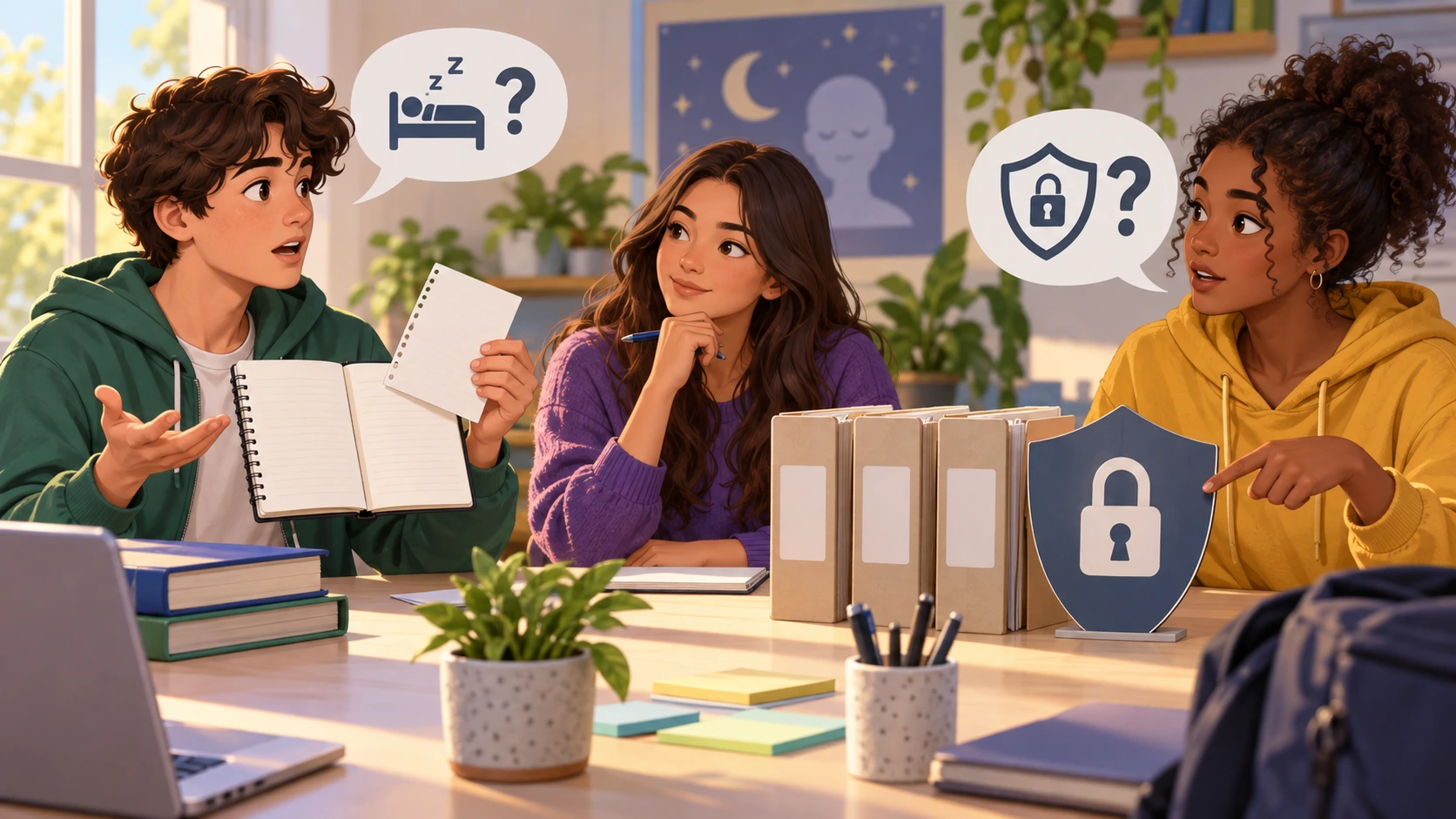 Três estudantes discutem diários de sono, privacidade e possibilidade de retirar entradas de um projeto voluntário.