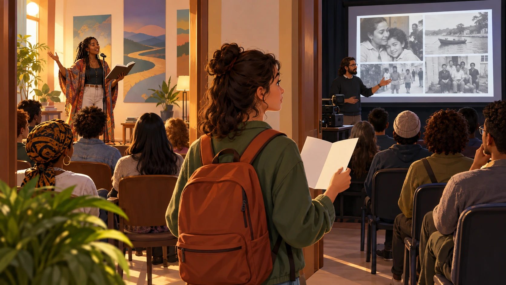 Uma visitante observa uma leitura de poesia e uma apresentação de filme baseada no arquivo de uma família.