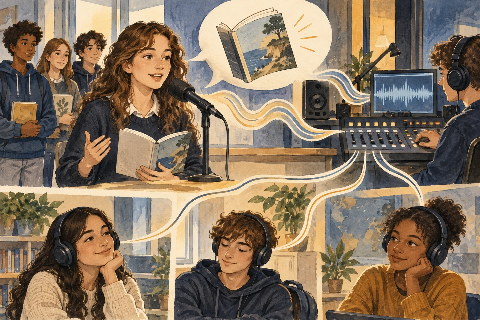 Alunos gravam recomendações de livros para rádio escolar.