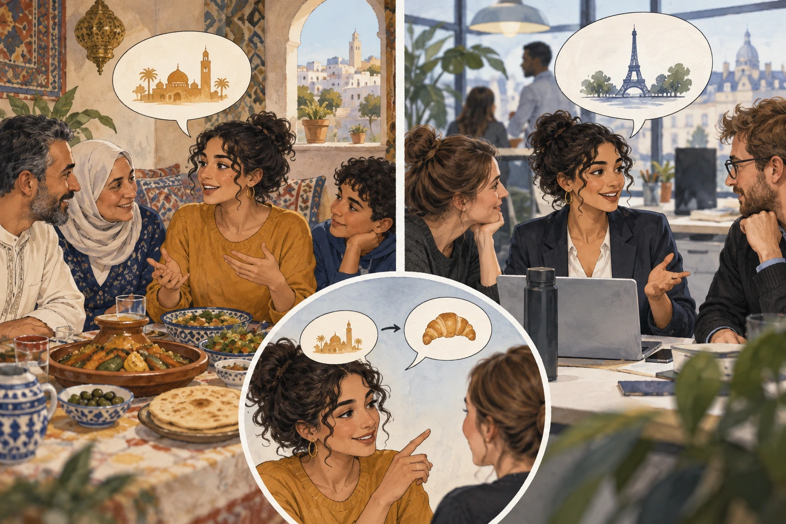 Samira usa árabe em família e francês no trabalho.
