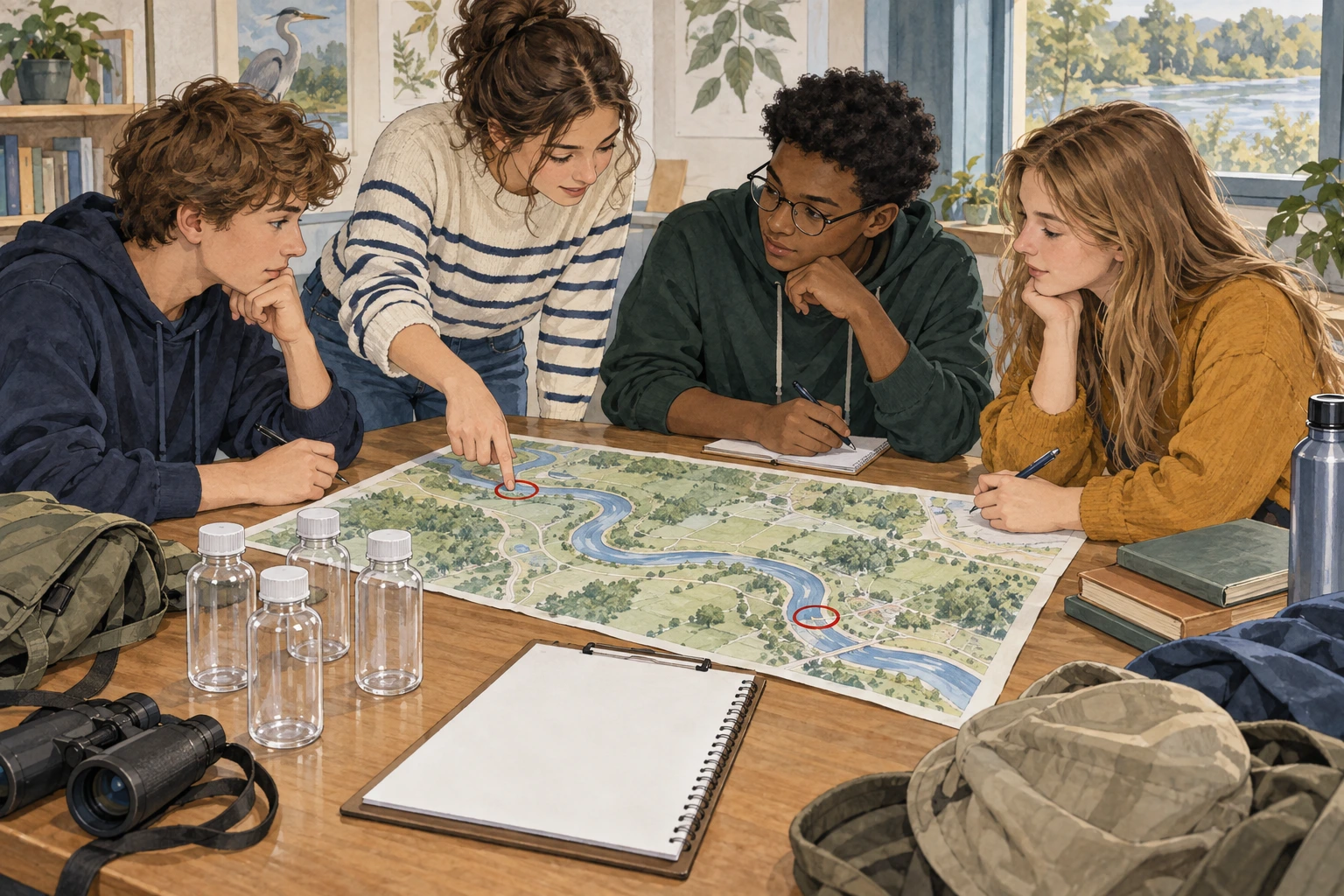 Alunos preparam frascos vazios e mapa para futura recolha em dois pontos do rio.