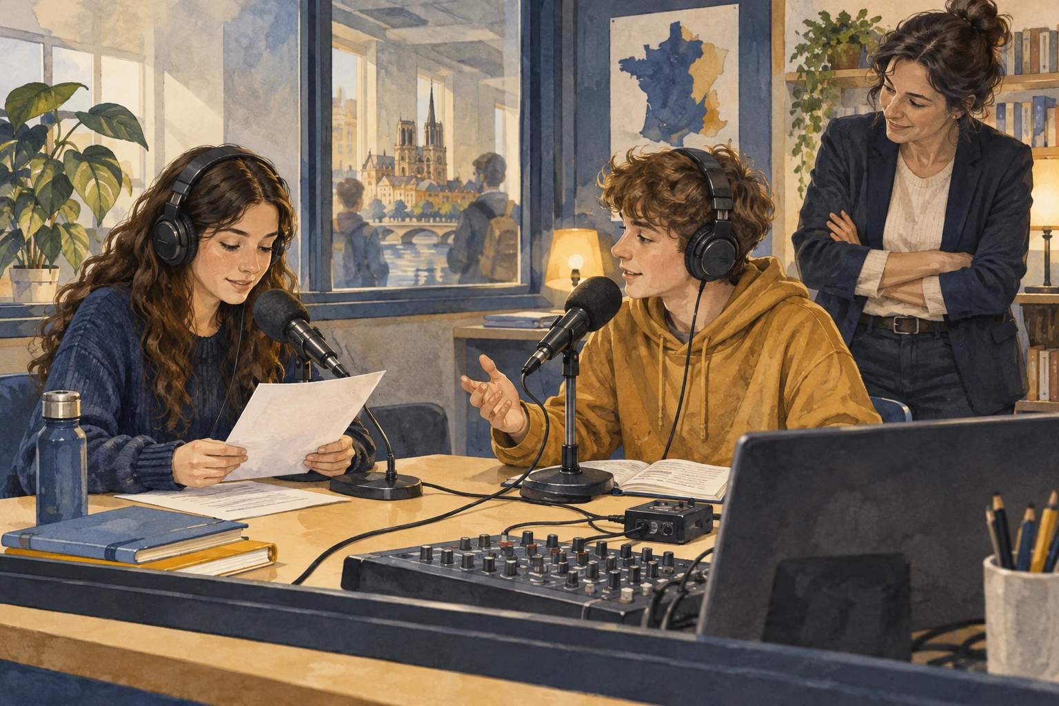 Dois alunos dividem apresentação e perguntas numa oficina de rádio.