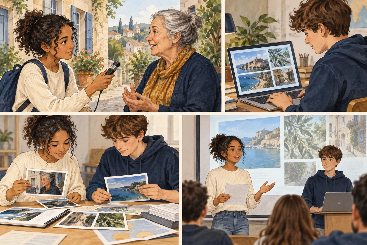 Maya recolhe testemunhos e Tom prepara imagens para apresentação.
