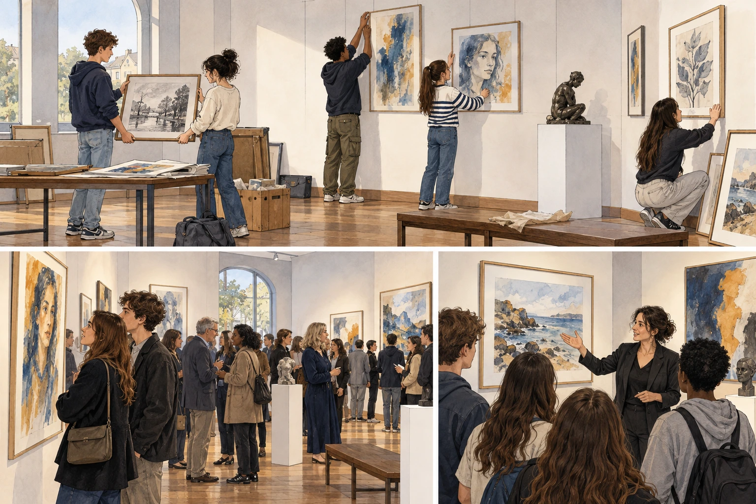 Alunos montam desenhos antes da abertura pública da exposição.