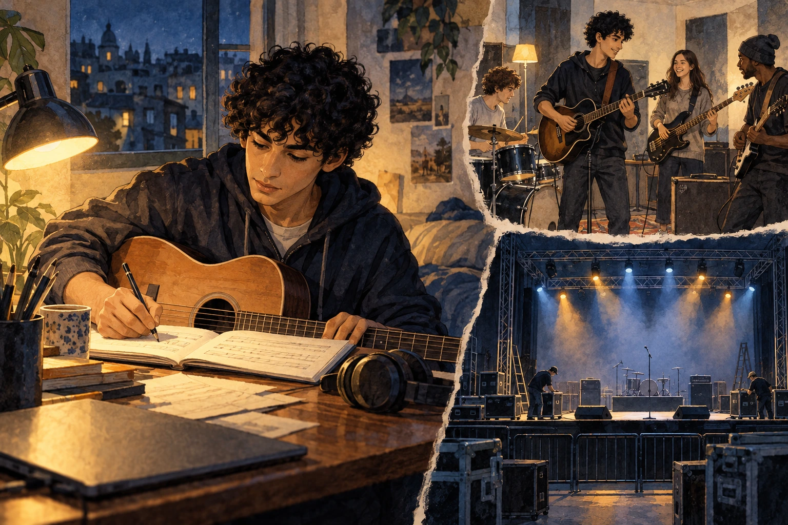 Músico compõe sozinho e ensaia depois com o grupo.