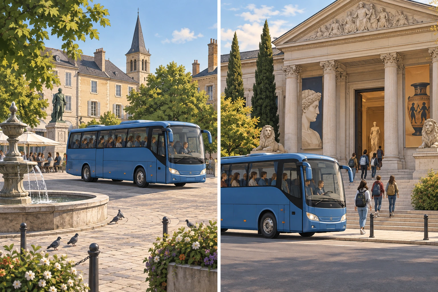O mesmo autocarro parte de uma praça e chega diante de um museu.