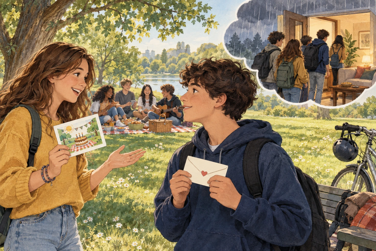 Convite para aniversário no parque com alternativa em casa se chover.