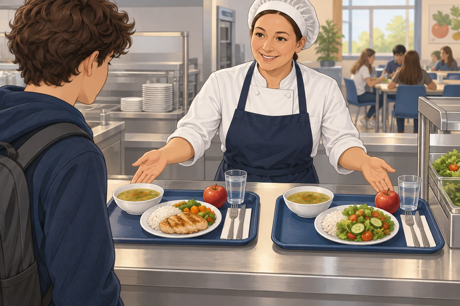 Duas opções de refeição: a salada substitui o frango num tabuleiro alternativo.