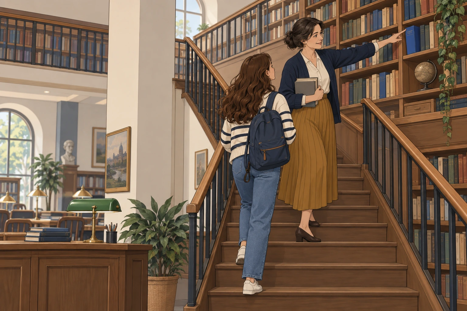 Uma bibliotecária indica a um aluno um romance azul numa estante do piso superior.