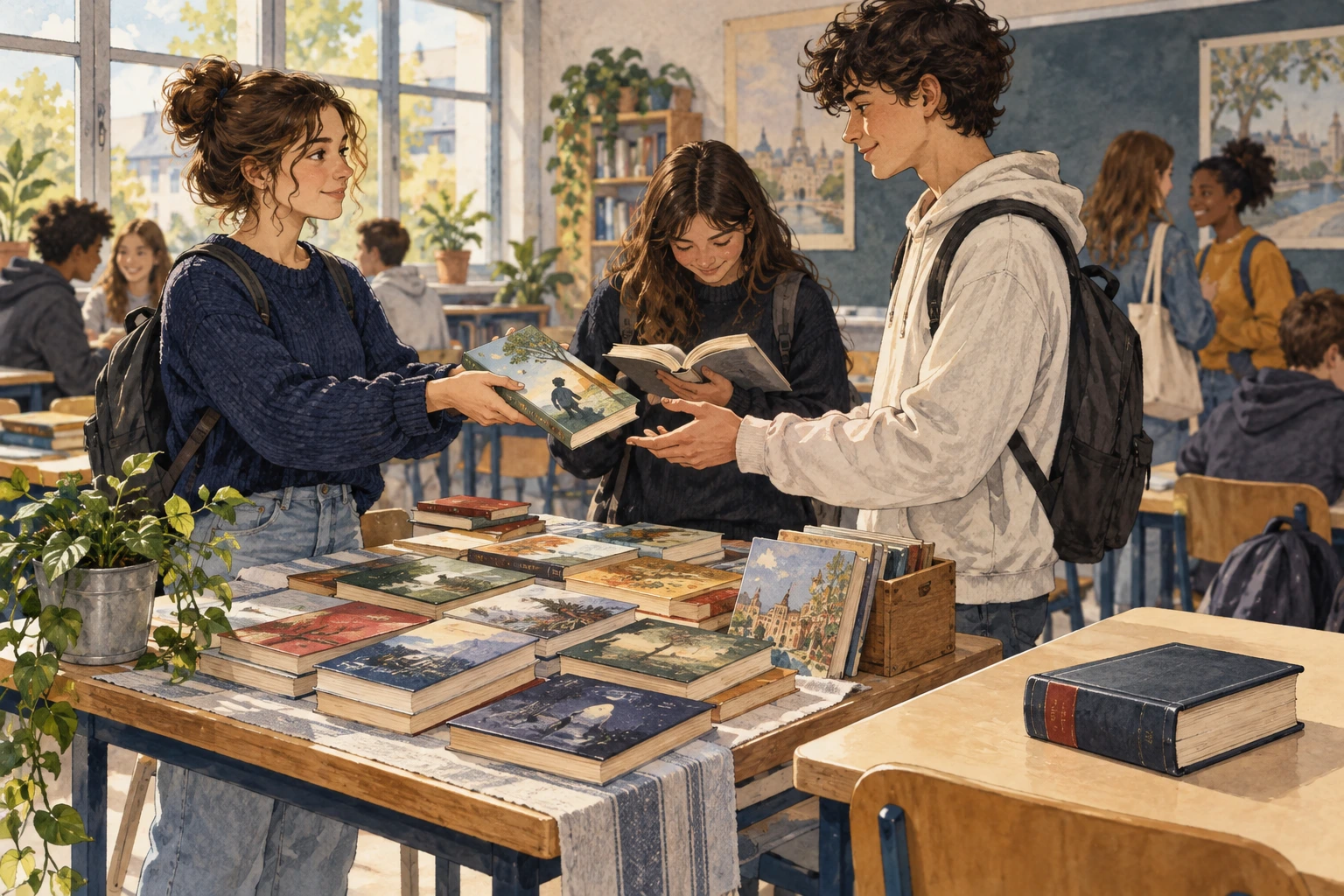 Troca de livros em bom estado na sala, com dicionário fora da mesa de troca.