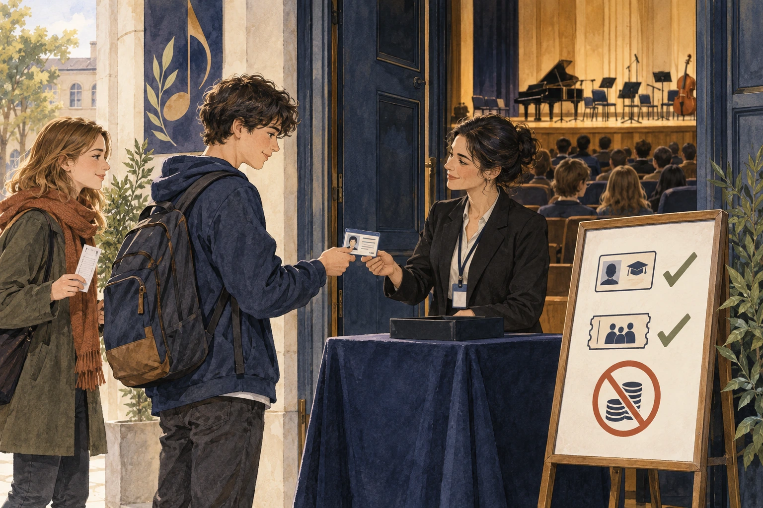 Entrada de concerto escolar com cartão de estudante e início posterior da atuação.