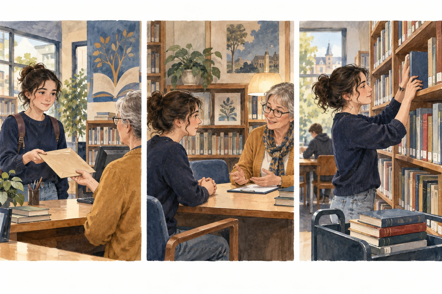 Candidatura, entrevista e início de estágio numa biblioteca.