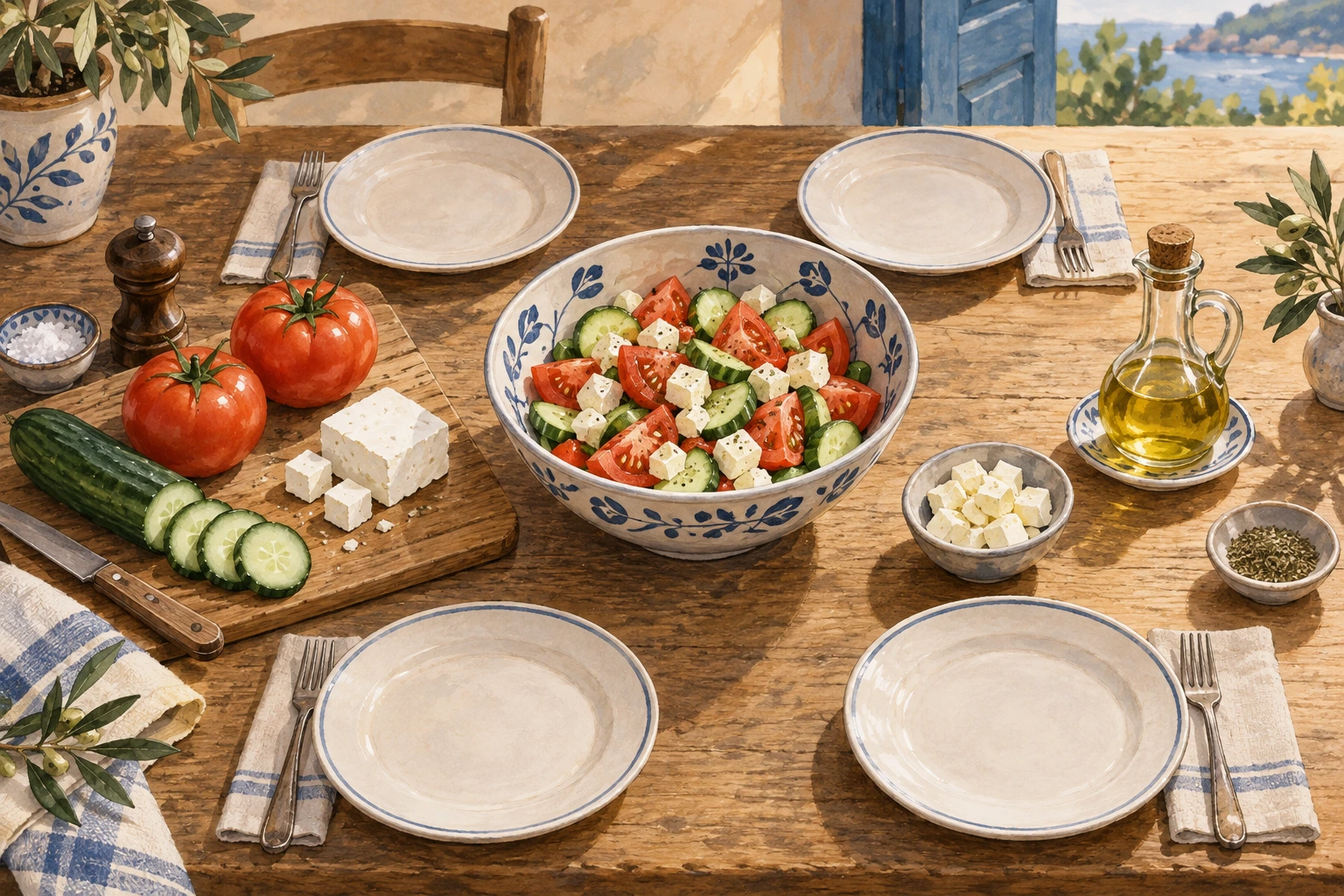 Ingredientes de salada para quatro pessoas, com azeite separado.