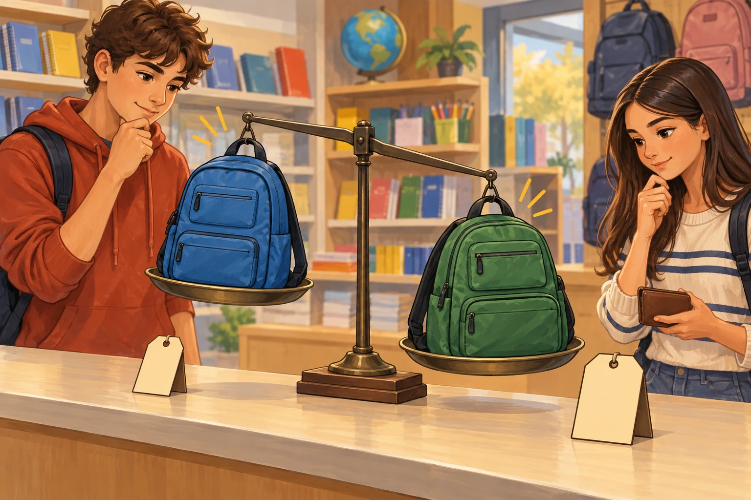 Sacos azul e verde têm dois bolsos cada; o azul é mais leve e o verde mais económico.