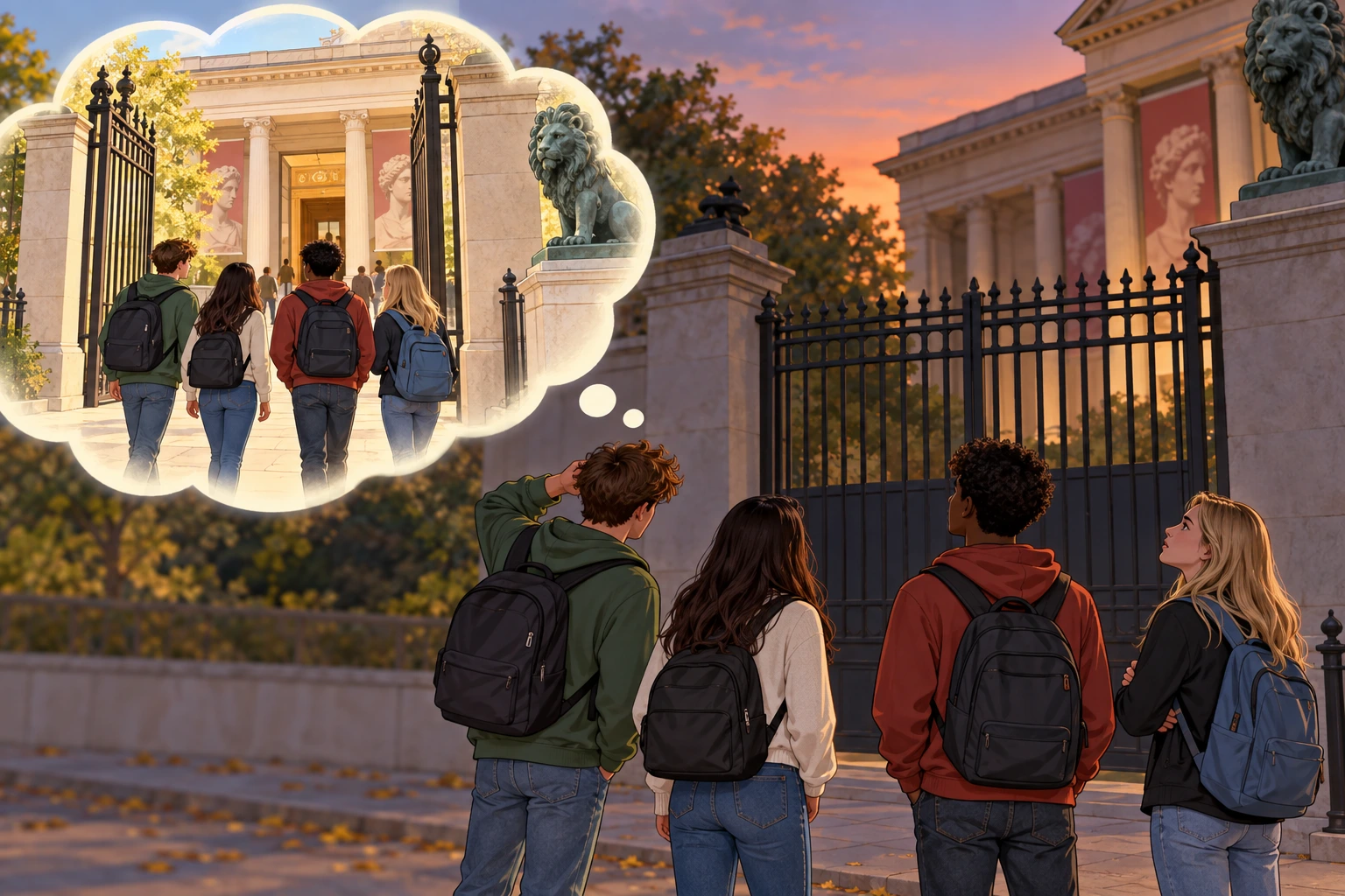 Grupo chega ao museu após o fecho e imagina uma chegada anterior hipotética.