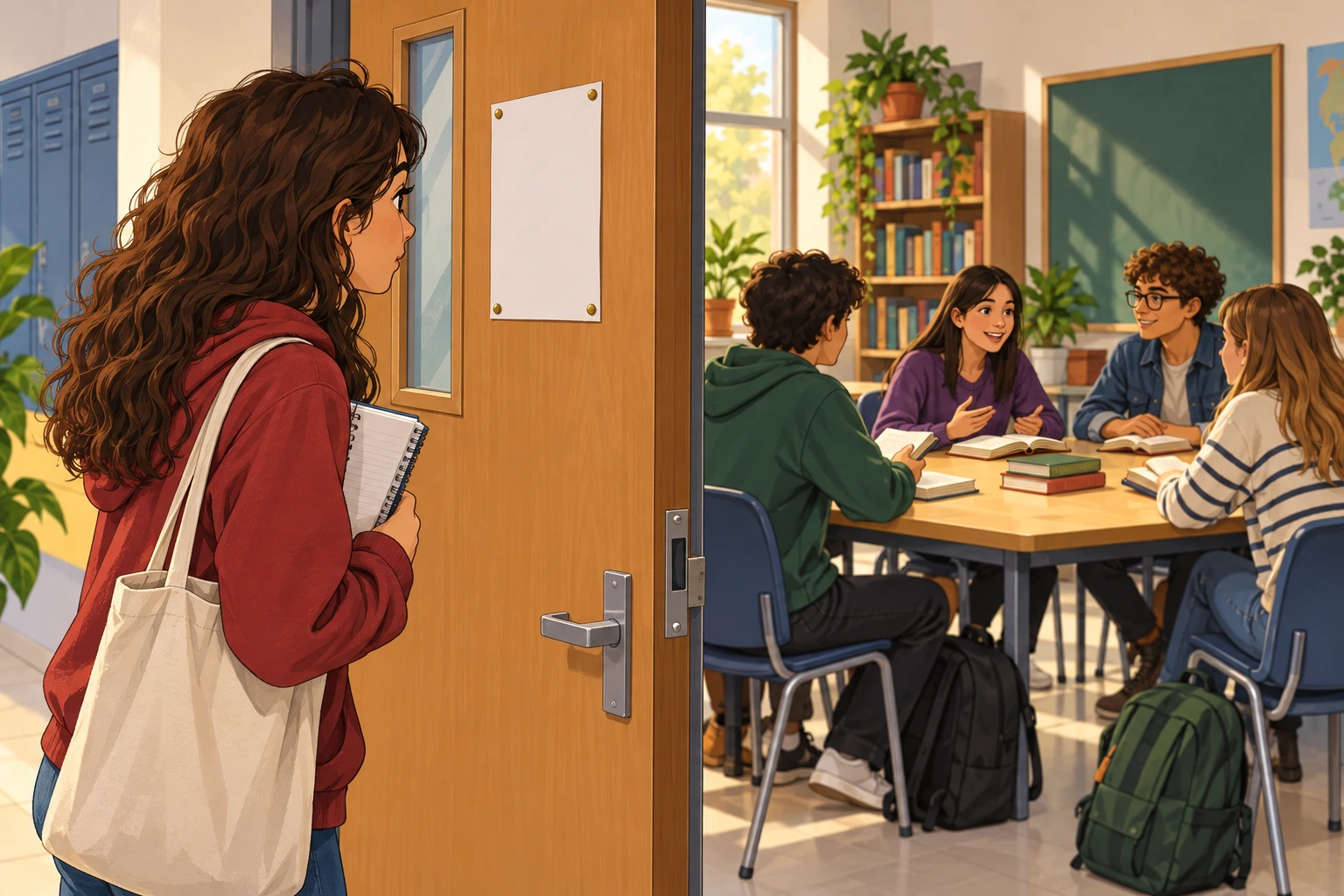 Estudante consulta um aviso de clube distinguindo as instruções explícitas.