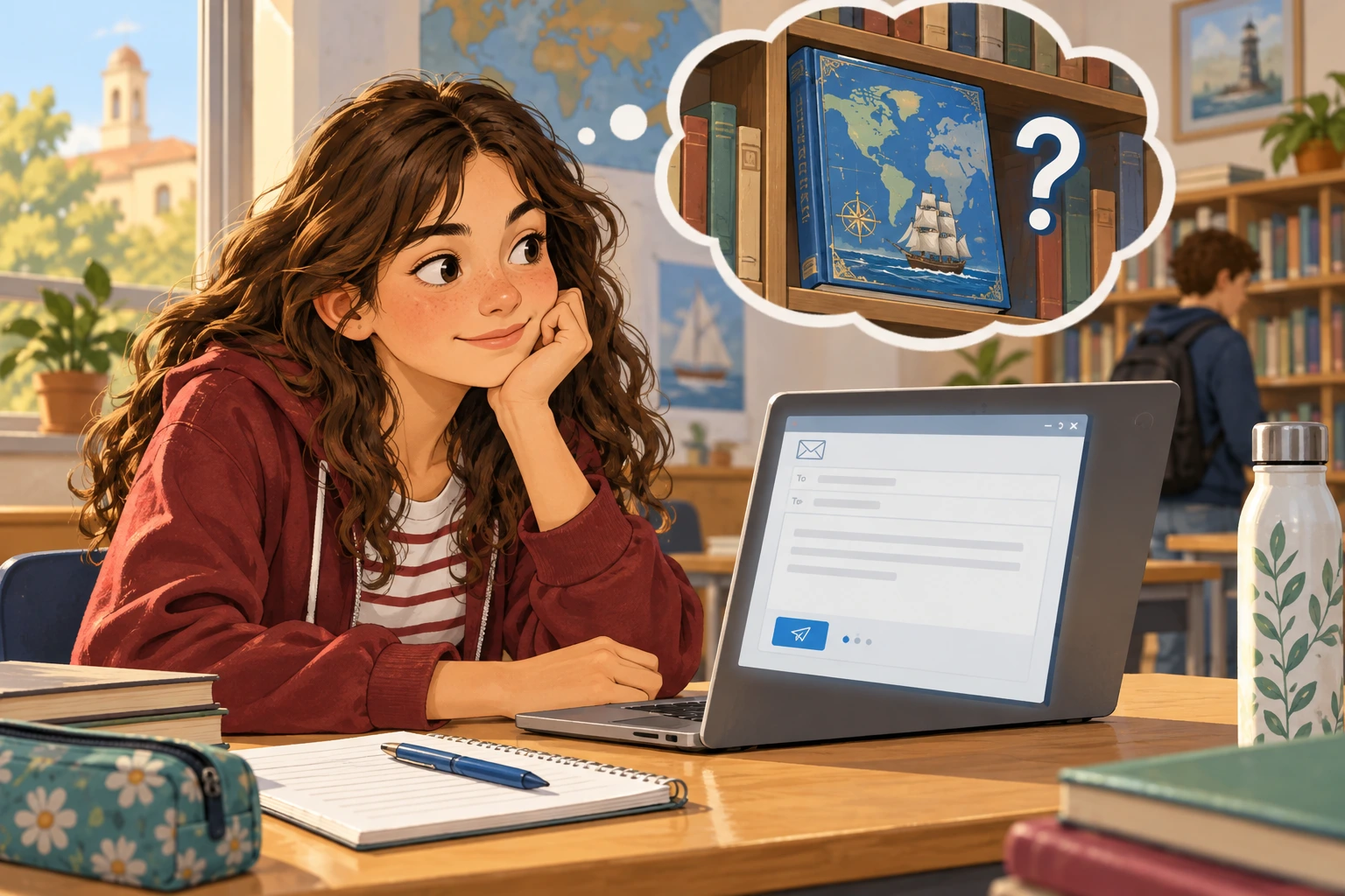 Clara pergunta se um atlas está disponível na biblioteca antes de pedir reserva.