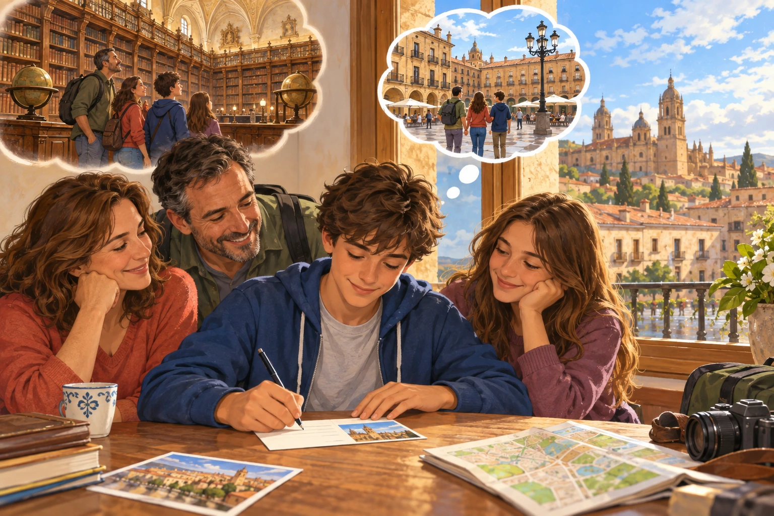 Leo escreve um postal após visitar biblioteca com a família e imagina passeio futuro pela praça.