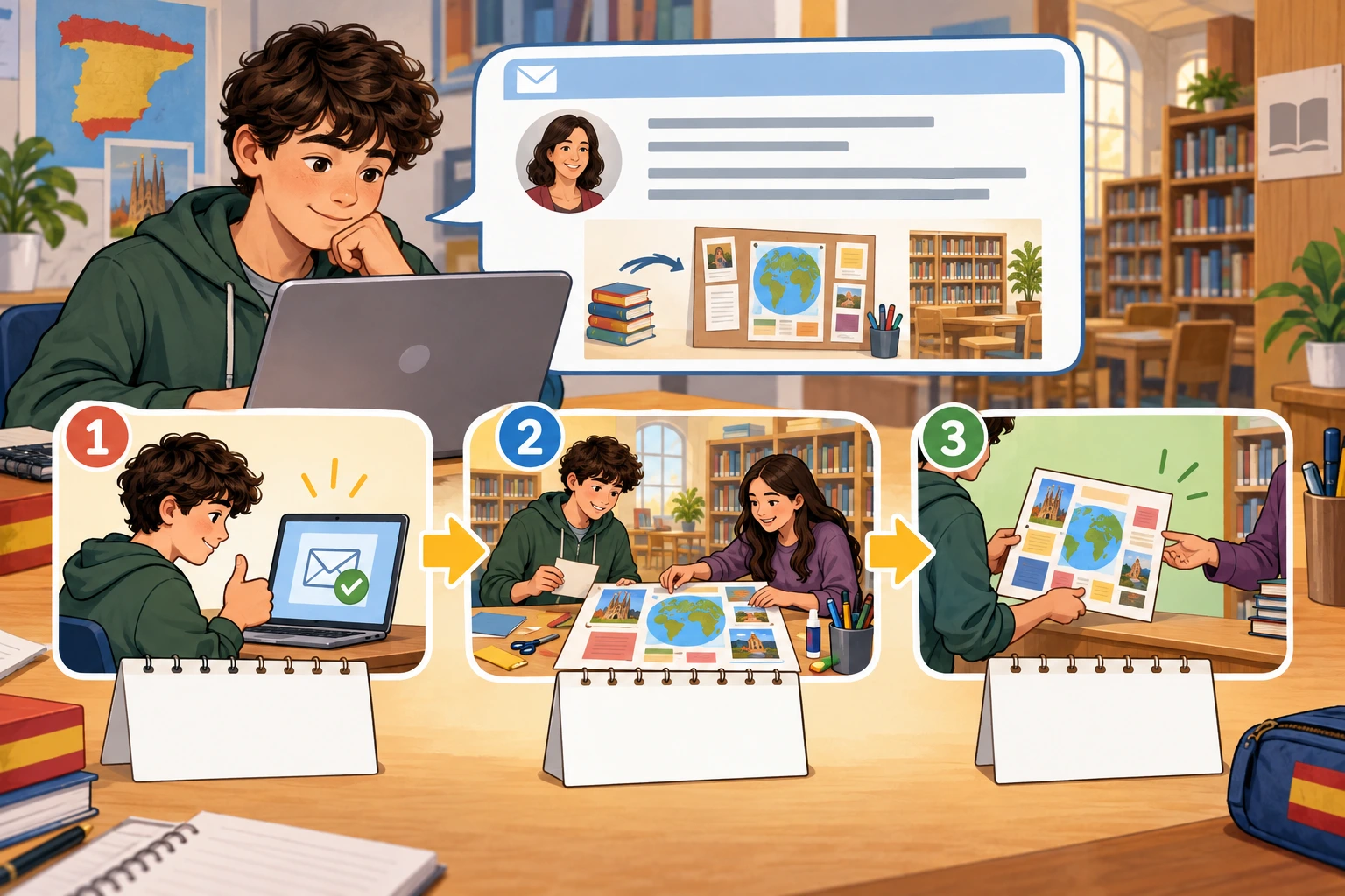 Estudante confirma uma preparação de exposição na biblioteca antes de entregar o cartaz.