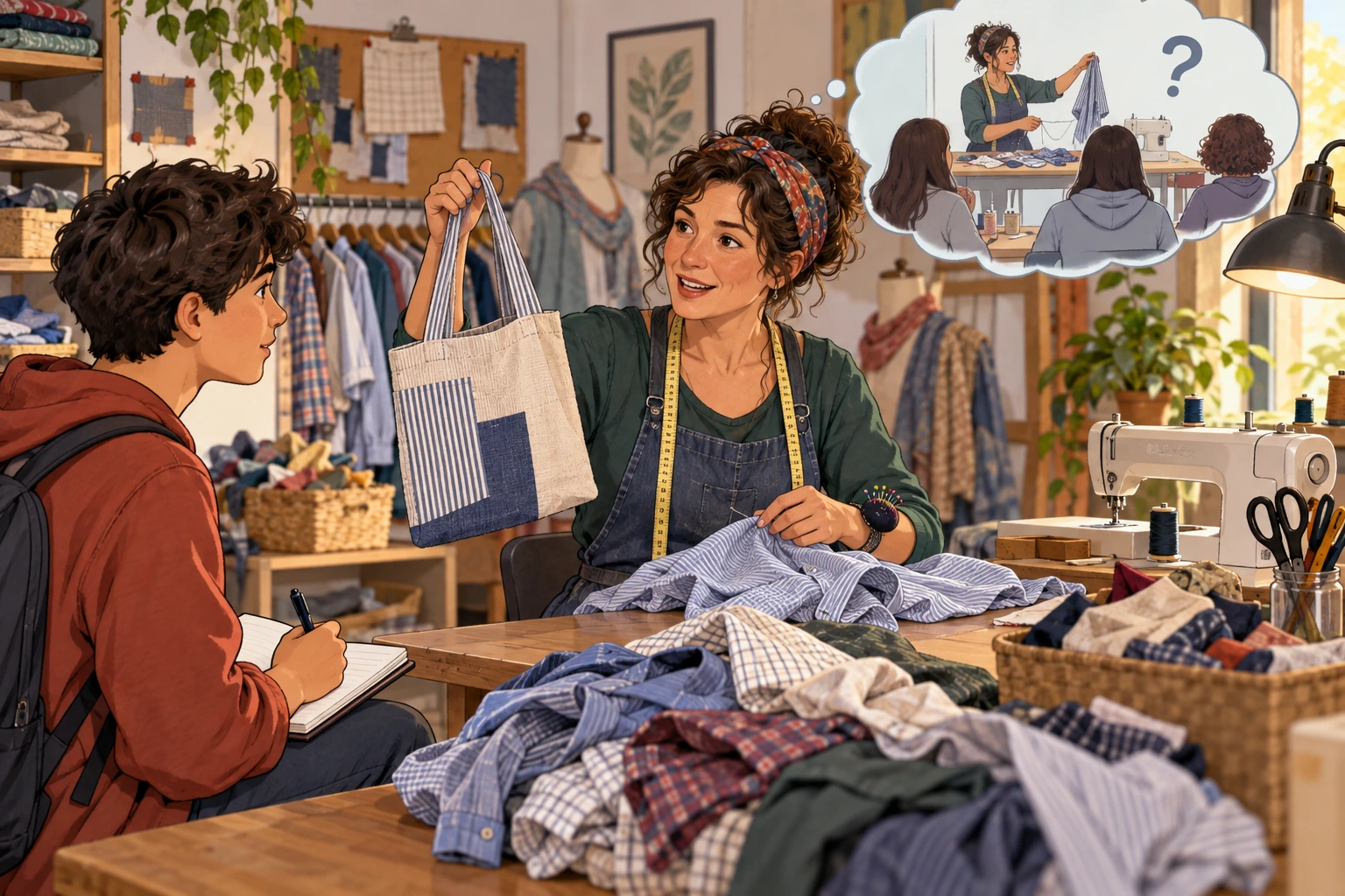 Artesã mostra saco feito com camisas doadas e planeia demonstrar o processo a uma turma.