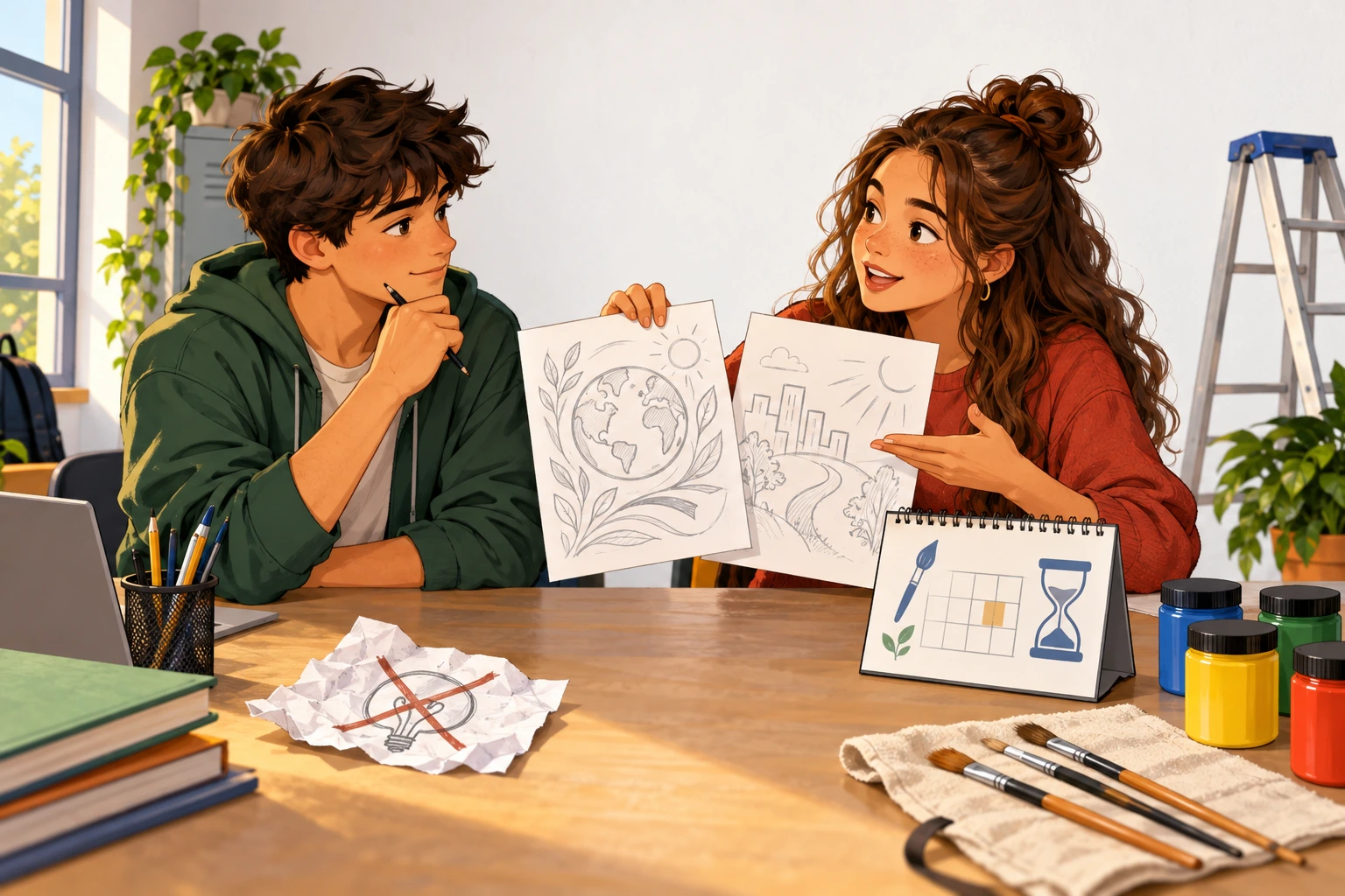 Alba e Diego discutem um mural ainda por pintar diante de dois esboços.