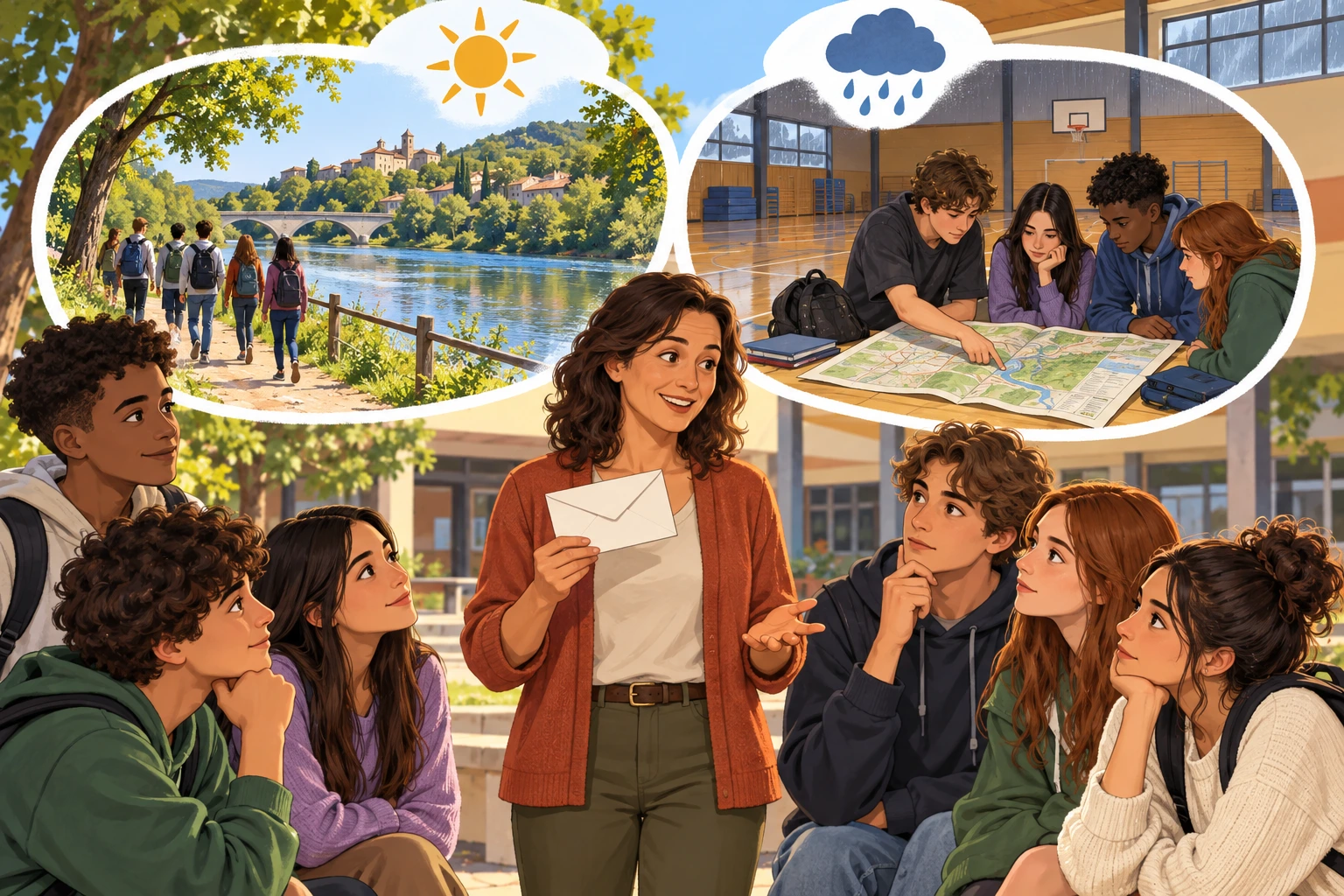 Duas opções futuras para uma saída escolar: caminho junto ao rio ou mapas no ginásio.