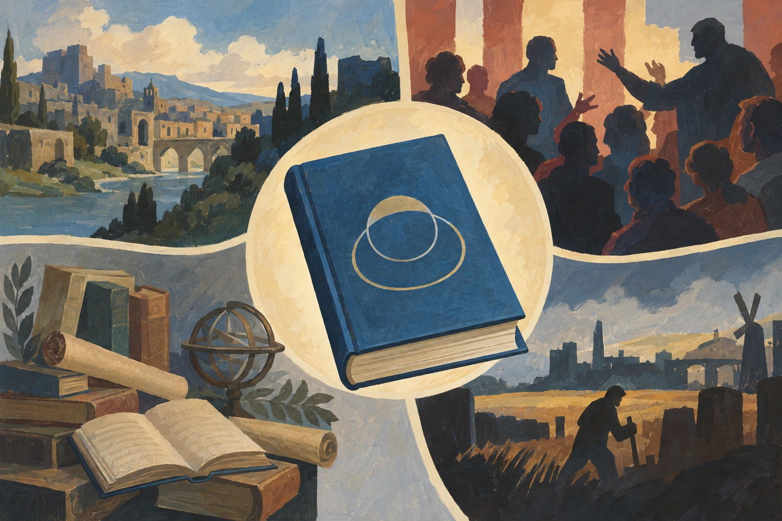 Livro filosófico é relacionado visualmente com época, debate e obras anteriores.