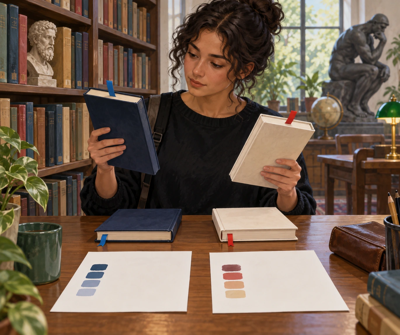 Estudante seleciona dois livros distintos numa biblioteca e compara notas de cores.
