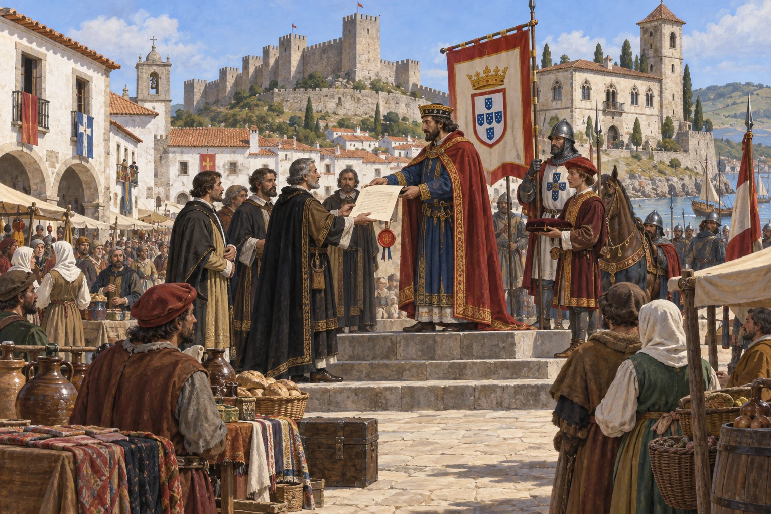 Autoridade régia entrega um foral a representantes de um concelho medieval numa praça de mercado.