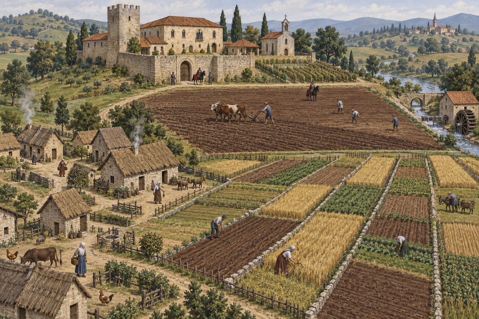Senhorio medieval com reserva junto à residência senhorial e parcelas camponesas junto às habitações.