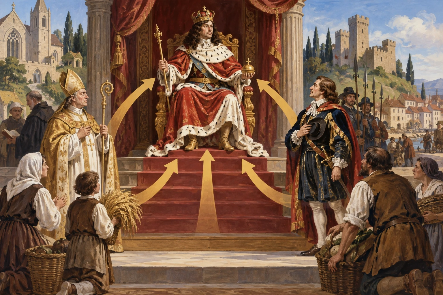 Monarca central, assembleia de ordens e jurisdição figuram uma hierarquia política do Antigo Regime.