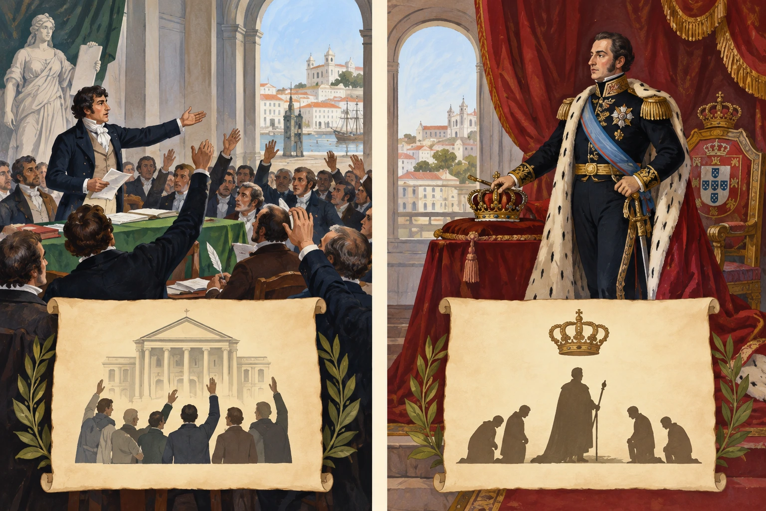 Dois painéis com assembleia política e autoridade monárquica ilustram distribuições diferentes do poder.