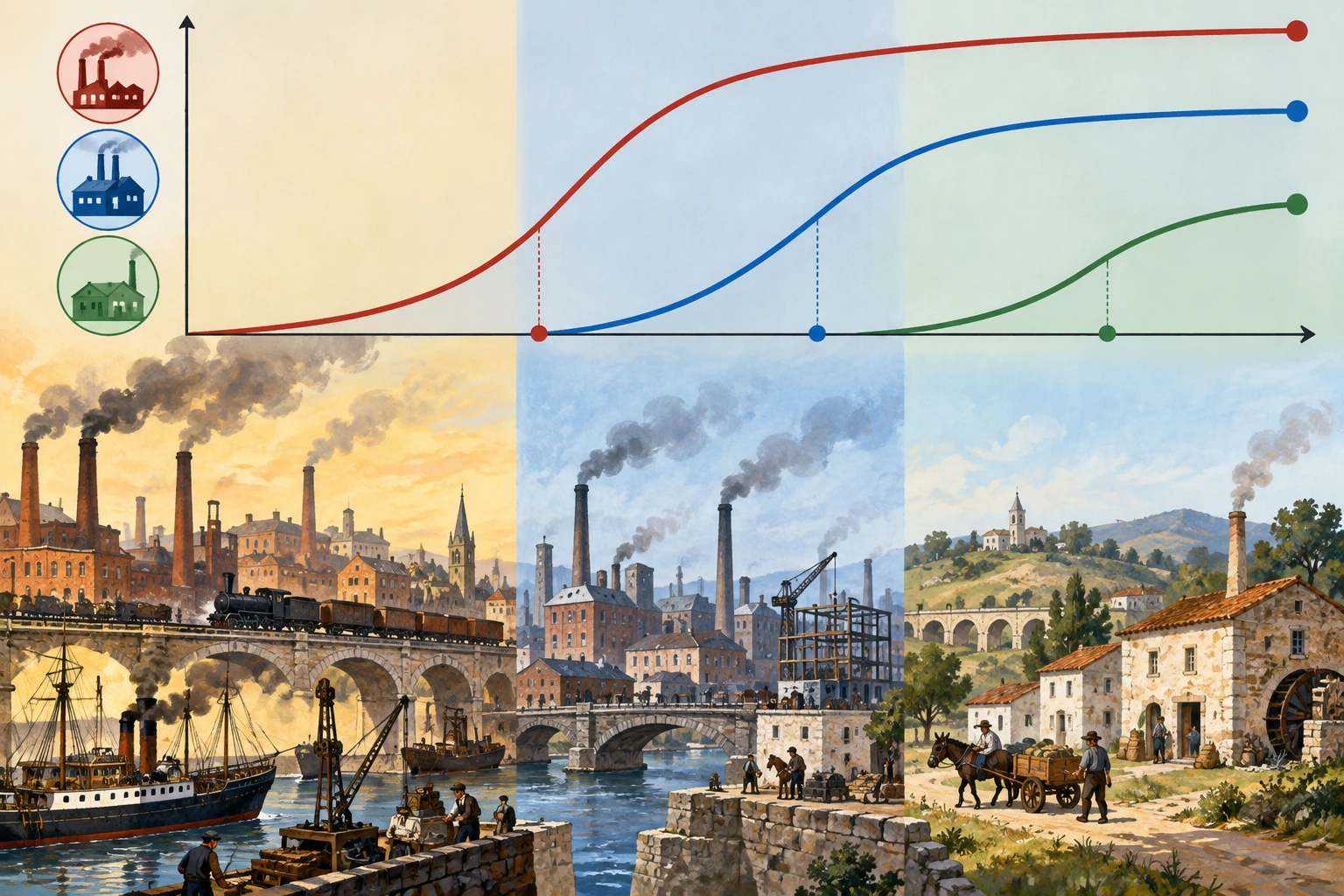Três paisagens industriais e curvas sem escala mostram arranques em momentos diferentes.