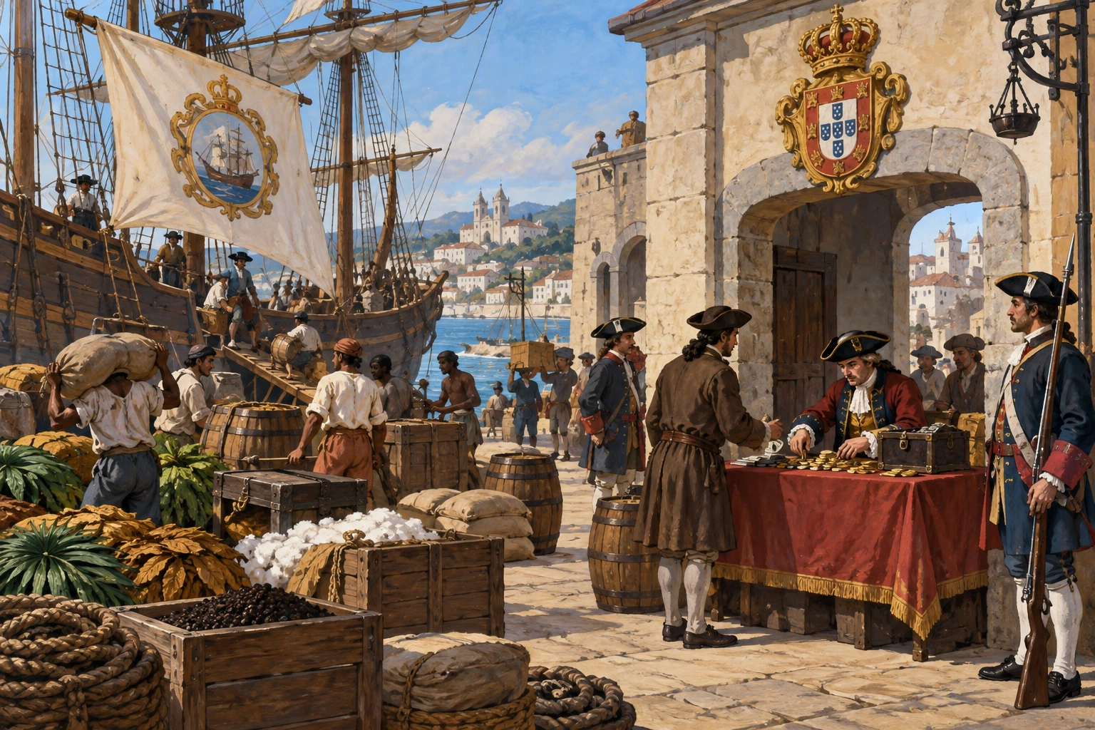 Porto colonial com navios mercantes e funcionários que regulam a circulação de mercadorias.